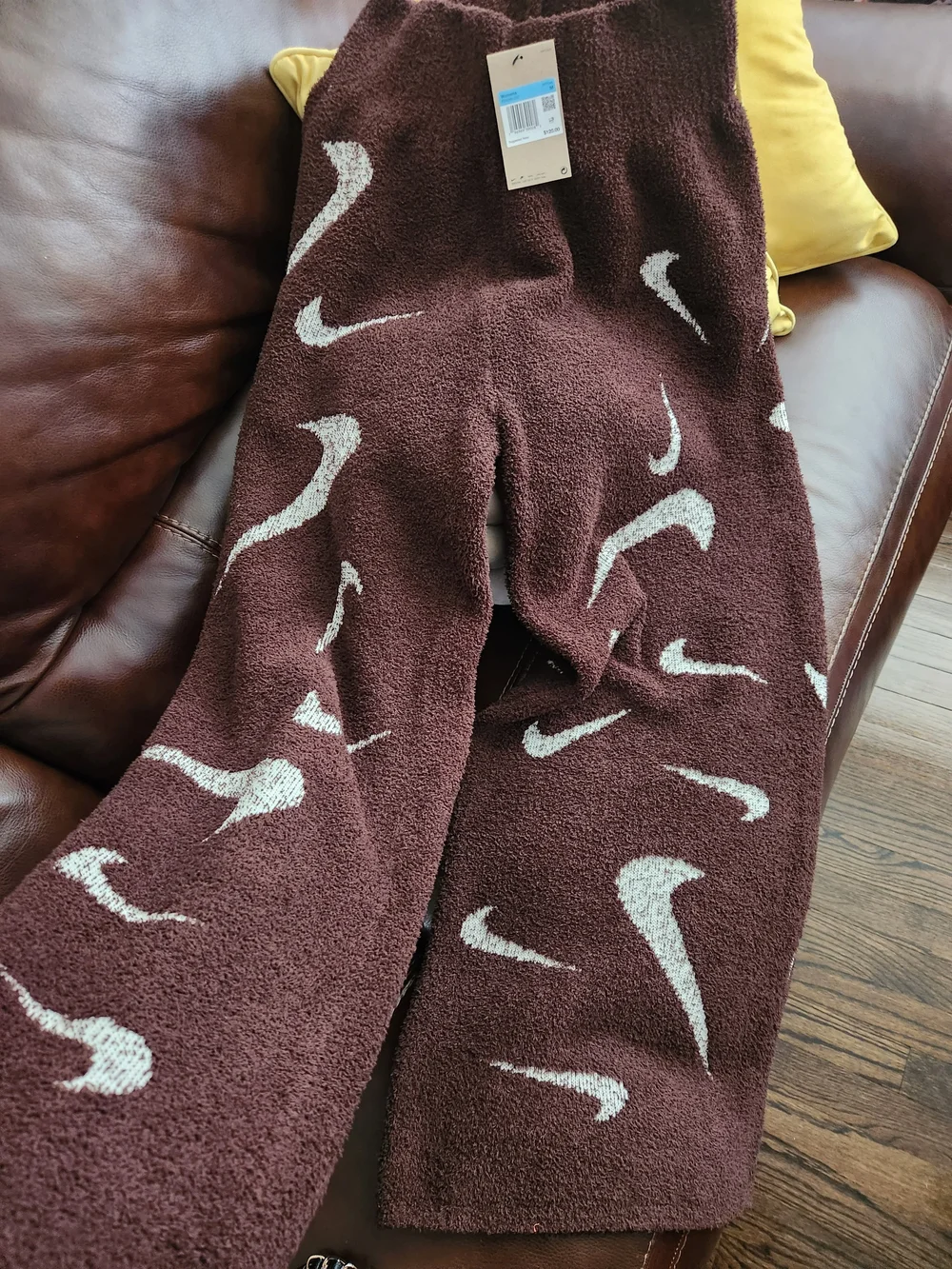 Nike Brown Cozy Knit Sweatpants with White Swoosh Accent - Picture 1 of 6